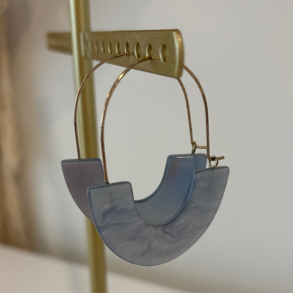 Pair of semicircular blue acrylic hoop earrings gold tone wire drop earrings